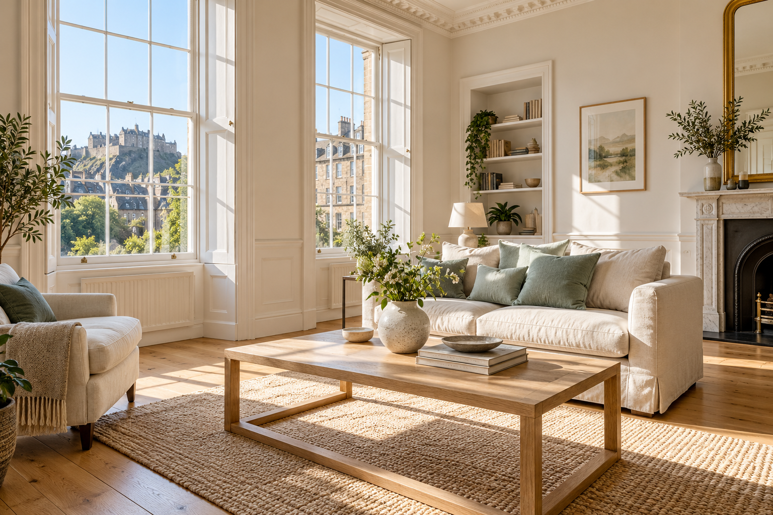 Illustrative image of a bright, freshly arranged Edinburgh-style living room